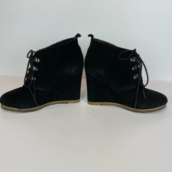 Steve‎ Madden Wedge Ankle Booties 8 Black Suede Leather Tanngoo Lace Up - Picture 8 of 11